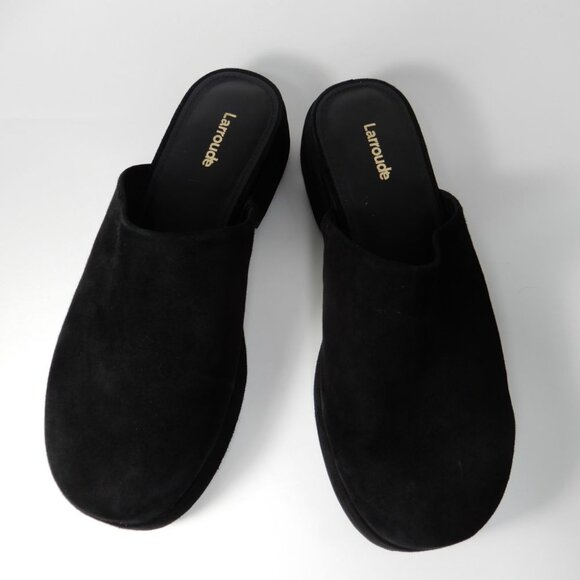 Larroude Miso Flatform Platform CLOGS Slip On Size 8.5 Black Suede Leather EUC - Picture 8 of 16